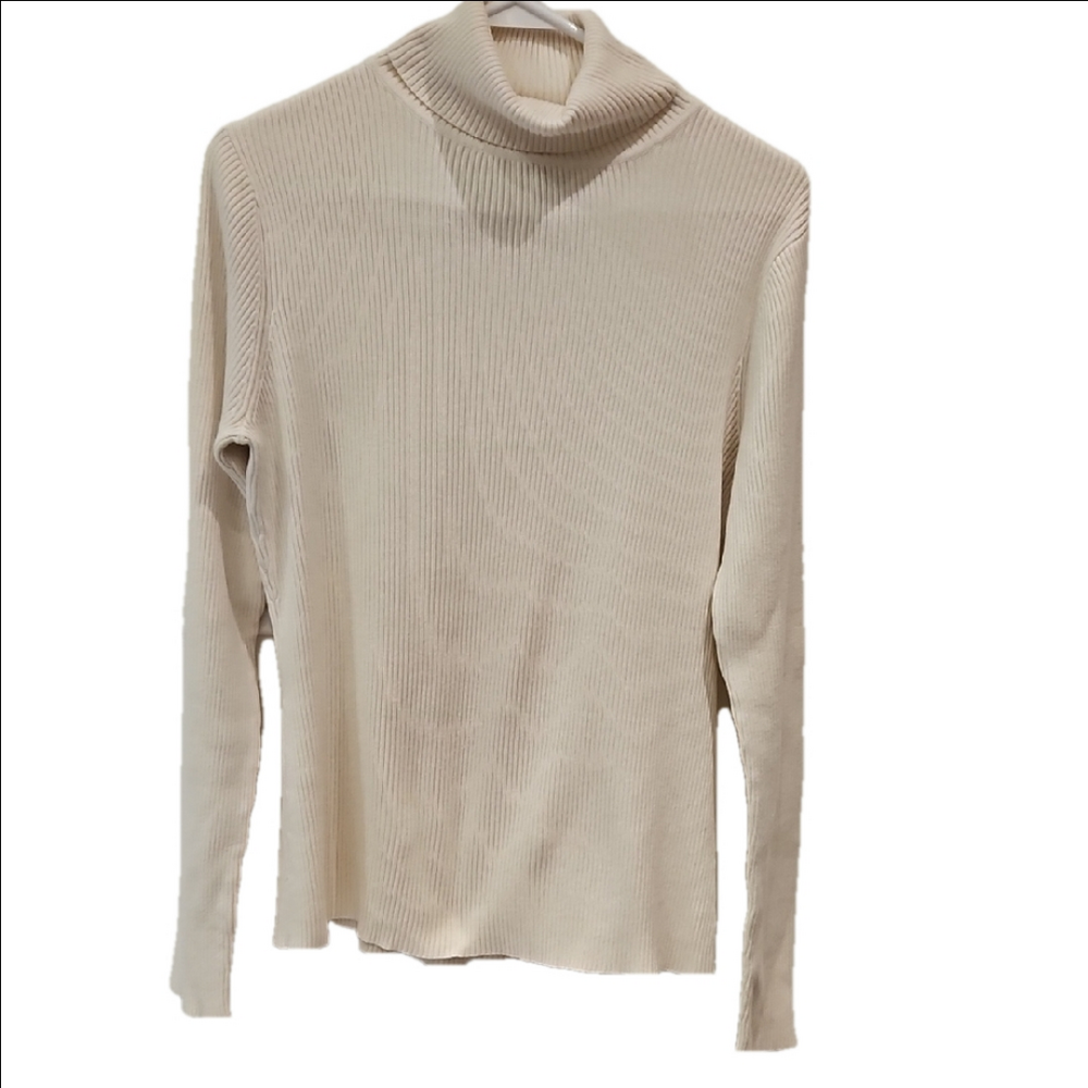 NOMI Turtle Neck Off-white Beige Ribbed Long Sleeve Women's Large